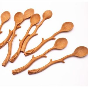 Log color Japanese tableware wooden spoon hand shaped long handle spoons Dinnerware coffee mixing spoon 23.5cm T2I52085