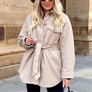 BLSQR Women Oversize Woolen Solid Jackets Autumn Fashion Ladies Sashes Soft Coats Elegant Girls Chic Pocket Tops Outerwear 210430