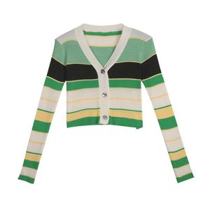 PERHAPS U Green Red V Neck Knitted Solid Long Sleeve Women Thin Sweater Cardigan Top Tee Autumn Spring Striped B0520 210529