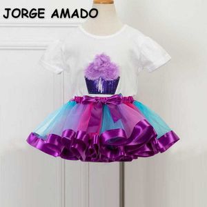 Wholesale Summer Girls Short Skirt 2 Pieces Sets Sequin Cotton Top + Rainbow Cake Children Wear E6407 210610