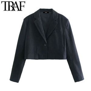 TRAF女性ファッションシングルボタンストライプクロップブレザーコートビンテージ長袖女性アウターシックベストフェムメ210415