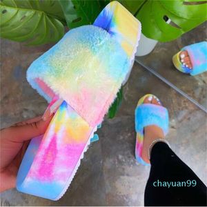 2021 Women Fashion All-match Thick-soled Slides Shoes Woman Platform Color Printing Sandals Outdoor Casual Fox Fur Slippers