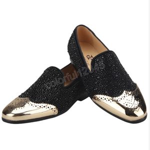 Black Cow Suede Men's Loafers Shoes Handmade Rhinestones And Metal Buckle Men's Smoking Slippers For Banquet Or Party