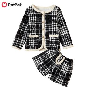 Spring and Autumn 2-piece Elegant Houndstooth Long-sleeve Top Shorts Set 210528