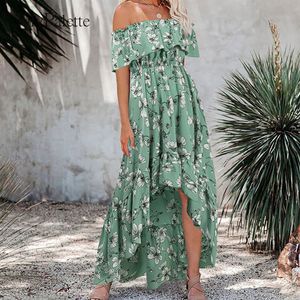 Julypalette Bohemian Summer Dress One Shoulder Ruffles Slim High Waist Blommor Tryckt Strand Sundress Ankel Längd Kvinnors Klänning X0521