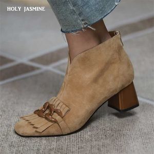 Sonbahar Bayanlar Koyun Süet Saçak Ayak Bileği Çizmeler Zip Tıknaz Yüksek Topuk Kare Toe Zincir Püskül Moda Kadınlar Modern 211105