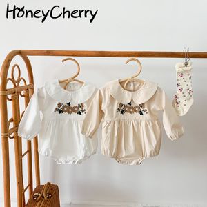 Spring Baby Bodysuits Siamese Solid Colorを刺繍した長袖の服を刺繍してボディスーツ210515