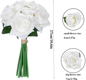 Ghirlande di fiori decorativi Fiore artificiale Bianco 18 teste Rose di seta Bouque Rose finte per la decorazione di nozze Home 2 Bouquet