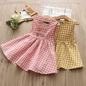 Sommar 2 3 4 6-12 år Barn College Stil Plaid Vest Dresses O Neck Cotton Princess Backless Dress for Kids Baby Girls 210625