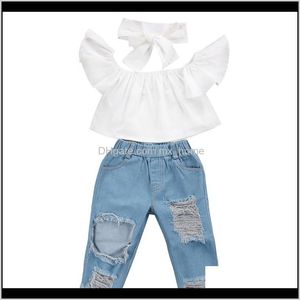 Conjuntos de bebê bebê maternidade entrega entrega 2021 moda crianças meninas roupas fora do ombro colheita tops branco buraco denim calça jean headband 3 pcs para