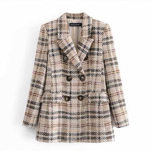Za Women Fashion Double Breasted Tweed Check Blazer Coat Vintage Long Sleeve Female Outerwear+Casual shorts skirts Suit 211108