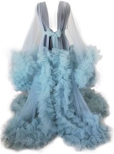 2021 Sky Blue Aftonklänningar Gravida kvinnor Foto Robes Långärmade Ruffles Se Thru Custom Made A-Line Formell Event Party Dress Vestidos