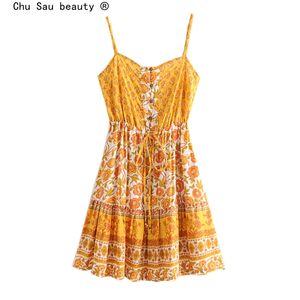 Vintage sommarlov blomma tryck sexig backless boho strap klänning single-breasted spet-up ruffle mini kvinna 210514