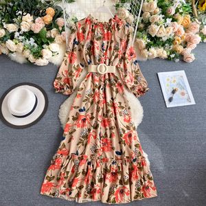 NEPLOE Kobiety Sukienki Sweet Fuguns Collar Rękaw Puff Row Klamra Slashes Slim Wasit Ruffles Floral Print Dress 82160 210423