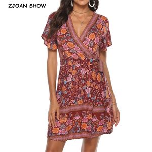 Bohemia Cotton Flower Print Short Sleeve BOHO Wrap Dress Holiday Beach Woman Bow Tie Waist Summer Dresses Vestido 210429