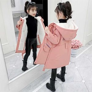 女の子服冬ロングコート暖かいプラスベルベットプリンセスコットンジャケット子供屋外厚いパーカー服フード付きアウター211204