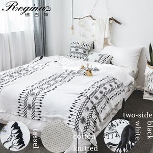 Throw Blanket Nordic Style Home Decoration Tassel Bedspread Soft Sofa Cover Classic Black White Cotton Knitted Blanket