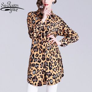 Корейский женская одежда мода дамы топы OL кнопка леопарда V-образным вырезом блузки Blusas женские рубашки полные 7923 50 210427