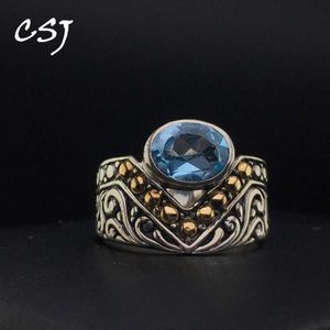 Cluster Rings CSJ ​​Elegant Blue Topaz Ring Sterling 925 Silver Fine Jewelry Wedding Engagement Bands for Women Lady Girl Gift