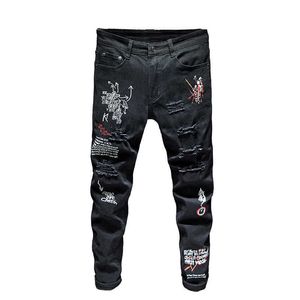 Jeans preto homens magro encaixar rasgado destruído letras bordadas streetwear jeans jeans homem cowboys casual denim calça x0621