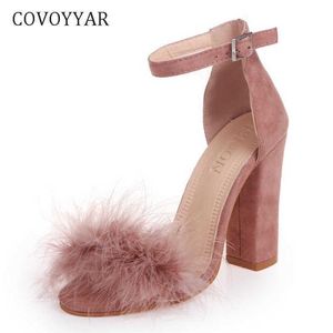 Covoyyar cinta de tornozelo alto salto alto Faux Fluffy coelho mulheres sandálias 2021 grosso salto alto festa casamento verão senhora sapatos w118 x0526