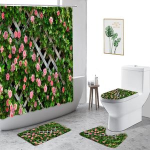 Duschgardiner Grön pastoral landskap gardin rose vingsträd trädgård d tryck badrum set icke halk mattor toalett täcker badmatta