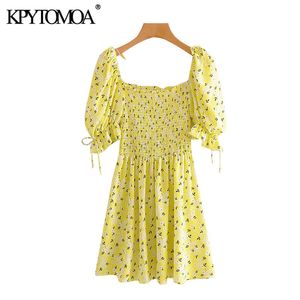 Women Chic Fashion Floral Print Pleated Mini Dress Vintage Puff Sleeves Elastic Waist Female Dresses Vestidos 210416