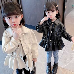 키즈 소녀 긴 가죽 자켓 화이트 코트와 겉옷 어린이 오토바이 211204