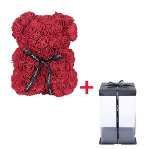 1 Set With Box 25cm Teddy Rose Bear Artificial PE Flower Valentine's Day Girl Friend Women Wife Mother's Day Gift Wedding Party 210624