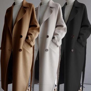 Kvinnorsullblandningar Kvinnor Oversize Lapel Cashmere Blandning Belt Trench Coat Outwear Jacket