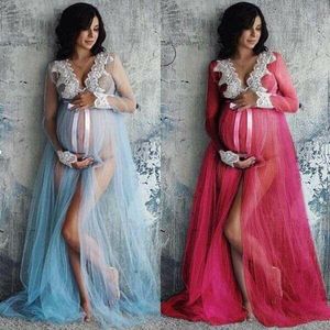 Zwangere vrouwen kant moederschap jurk lange mouw bandage maxi jurk See through boog pografie po shoot rekwisieten kleding casual jurken