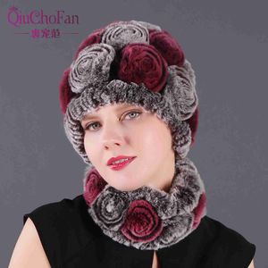 Moda Dziewczyna Fur Cap Lady Zima Naturalna Rex Rabbit Hat Scarf Suite Wysokiej Jakości Kobiety 100% Oryginalne