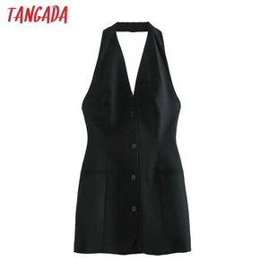Tangada Fashion Women Solid Blackless Party Dress Ankomst Ärmlös Ladies Short Halter Dress Vestidos CE47 210609