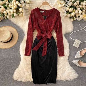 Autumn Winter Dress Women's Bright Silk Temperament V-neck Bow Tie Waist Contrast Stitching Velvet Bag HipWoman UK648 210506