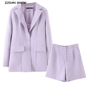 Styl Boyfriend Jeden przycisk Mid Długie Kobiety Blazer Wysoka Talia Luźne Szorty Krótkie Spodnie Sleeve Garnitury 3 sztuk Set 210930