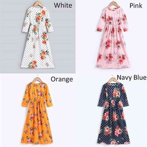 6 8 10 12 Years Old Girls Floral Maxi Dress with Pockets Bohemian Long Gown 3/4 Sleeve Ankle Length Vintage Casual Frock Clothes 210331