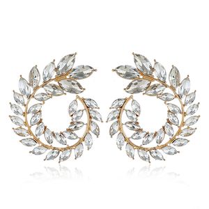 Rhinestone Leaf Stud Örhängen Geometrisk Big Round Statement Örhängen för Kvinnor Crystal Luxury Wedding Gift