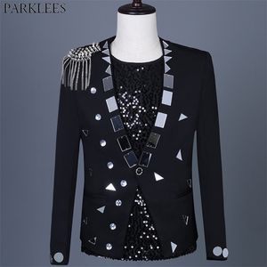 Siyah Punk Sahne Blazer Erkekler Parlak Glitter Pullu Erkek Takım Elbise Ceket Tek Düğme Parti Dans Şarkıcı Kostüm Blazer Masculino 3XL 211120