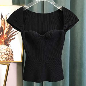 Women Summer Sexy Square Collar Knitted T Shirts Pure Color Women Short Sleeve Slim T Shirt Tops For Women White Tees 210527