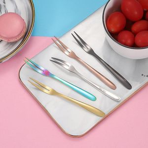 NEWStainless Steel Fruit Fork Colorful Metal Dessert Cake Snack Forks Two Tooth Fruits Tableware Household For Party Flatware RRA9642