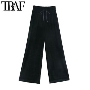 TRAF Women Chic Fashion Side Pockets Velvet Wide Leg Pants Vintage High Elastic Waist Drawstring Female Trousers Mujer 210415