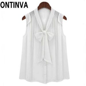 Clearance White Chiffion Ärmlös Blus med Front Bowtie Plus Storlek Lös design Sommar V Neck Preppy Style Shirts Blusa Tops 210527