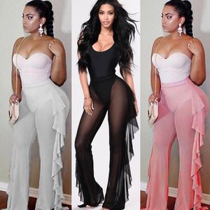 Kvinnors byxor Capris Women Wide Leg 2021 Sexig Beach Mesh Ruffles Sheer Bikini Cover Loose