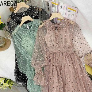 3285 Fairy Chic Net Gaze Long Bridesmaid Dress Foreign Style Doll Collar Waist Tunn Glänsande Sequin Dress 210507