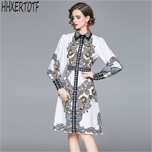 High Quality spring Vintage Dres long Sleeve turn down collar Waist Sashes Single Breasted Floral Print d 210531