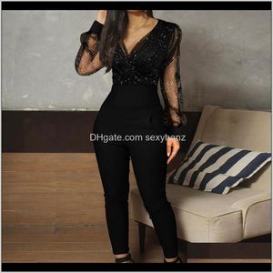 Overalls Kleidung Bekleidung Drop Lieferung 2021 Strampler Damen Schwarz Elegante Pailletten Mesh Glitter Party Nacht Sexy Frühling Herbst Lange Hosen jum