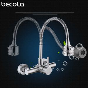 Stainless Steel Wall Mounted Kitchen Faucet Wall Kitchen Mixers Kitchen Sink Tap 360 Degree Swivel Flexible Hose Double Holes 210724