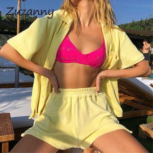 Zuzanny Casual Loose Two Piece Set Women's Tracksuit Button Up Shirt Top Summer Shorts Suit Outfits Loungewear Woman Shorts Sets Y0702