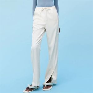 Women Summer Casual Split Wide Leg Pants ZA Solid Loose Elastic waist Drawstring Bow Tie Female Elegant Trousers 210513