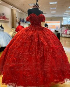 Sparkly Red 3D Kwiaty Off The Ramię Quinceanera Suknie Suknia Balowa Formalna Prom Evening 2021 Lace Up Princess Sweet 15 16 Sukienki Urodzinowe Suknie